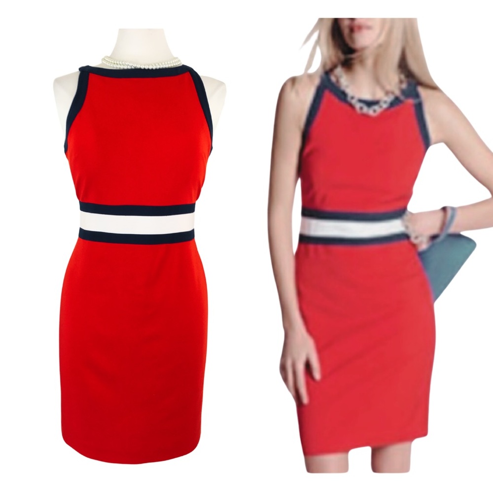 Banana Republic Red White Blue Sleeveless Sheath Midi Dress size 8